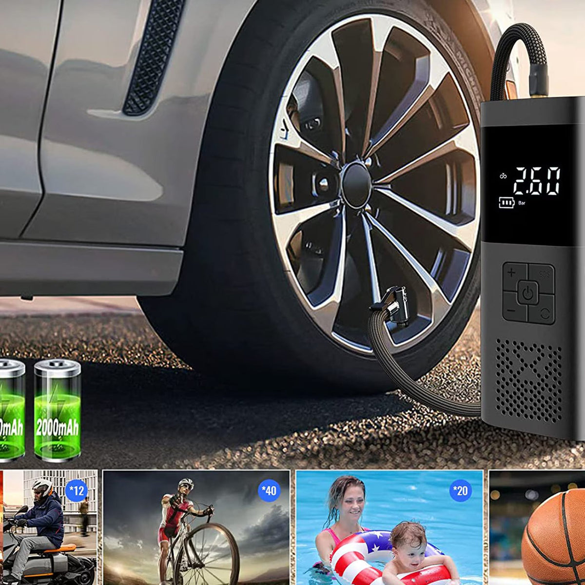 Compresor Auto Portabil, 3 in 1, Baterie 6000mAh Tip Powerbank, Digital, Manometru, Lanterna LED, 150PSI, Debit 20L, Incarcare USB,