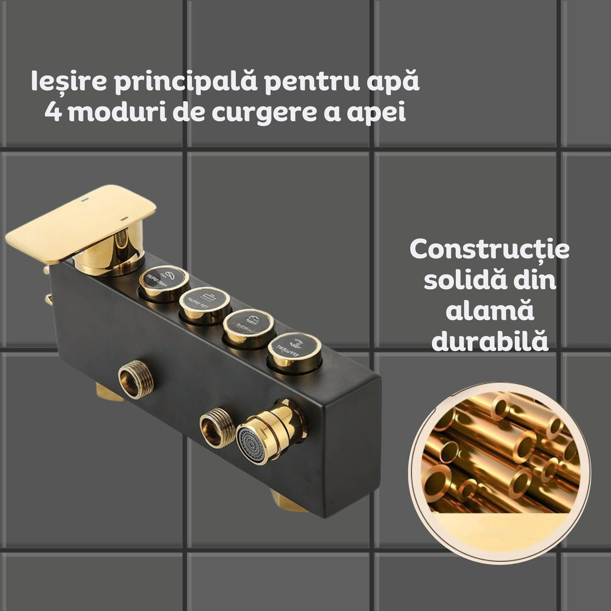 Coloana de dus premium cu 4 functii, baterie, cap dus patrat tip ploaie, dus de mana, pistol bideu, robinet inferior, raft accesorii, control prin butoane, alama masiva, finisaj negru mat si auriu, sistem complet modern baie