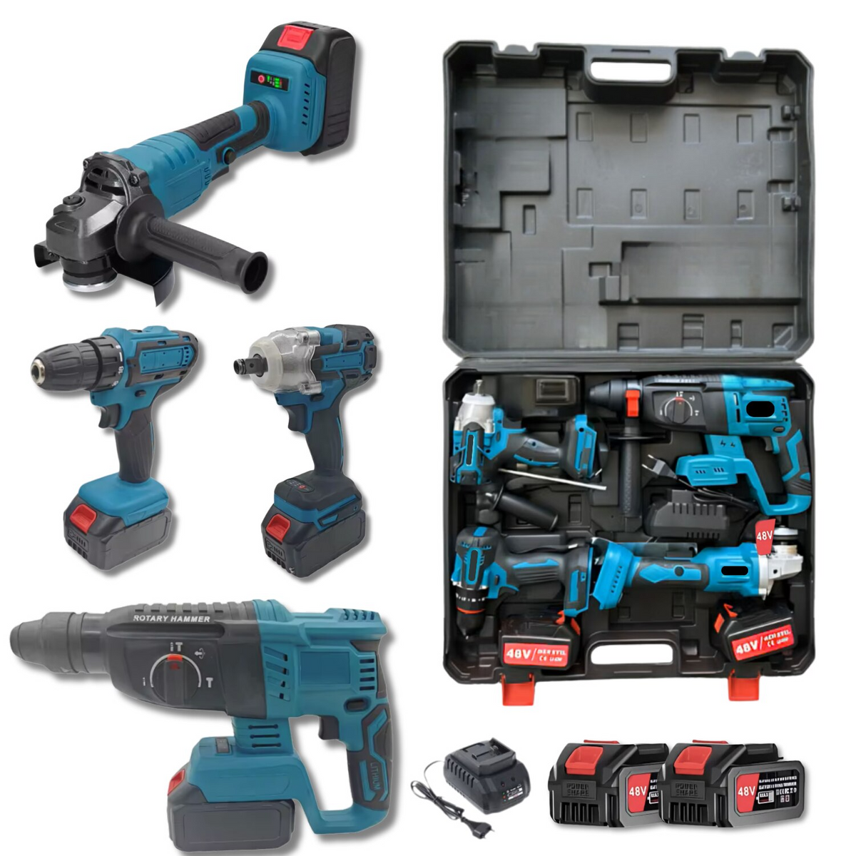 Trusa 4 piese cu acumulator, autofiletanta, rotopercutor, polizor unghiular, bormasina impact, 20V, 4Ah