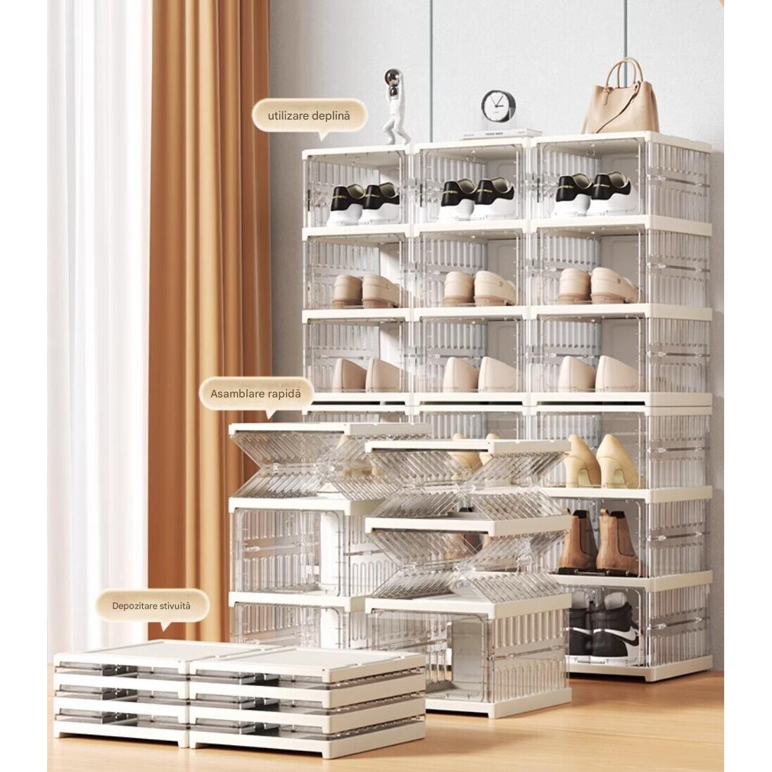 Set 4 cutii organizatoare pentru incaltaminte, pliabile, design transparent, 34.5x25.5x105cm, alb