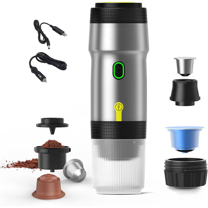 Espressor portabil 3 in 1, aparat cafea capsule si macinata, reincarcabil USB, 60ml,