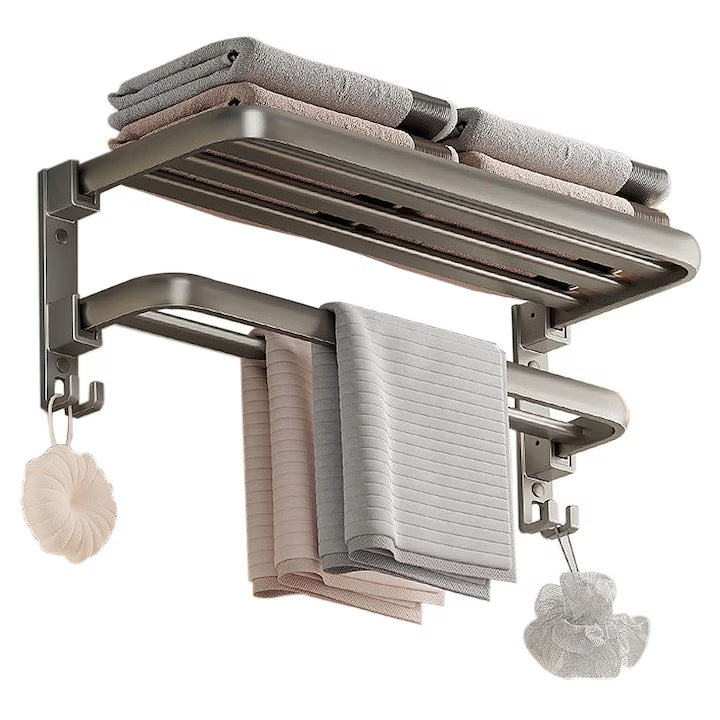 Suport prosoape baie, pliabil, aluminiu spatial, cu polita si carlige, lungime 60cm, Gri