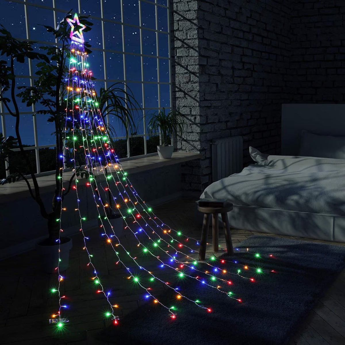 Instalatie Perdea cu varf de Stea Luminoasa 350 LED cu 9 Siruri, Alimentare la Priza, Decor Craciun