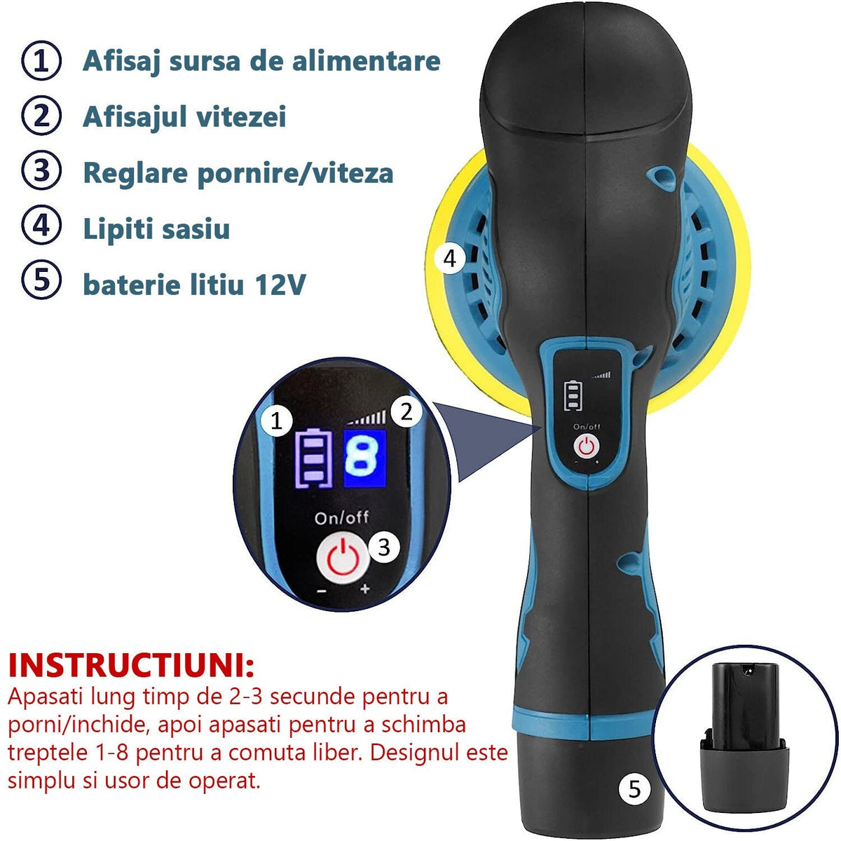 Aparat Polish Auto, 2 Acumulatori 12V, fara fir, portabil, 2500-5000 Rpm, 8 Viteze, Albastru/Negru