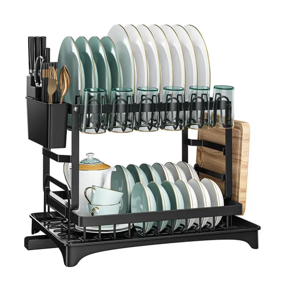 RESIGILAT - Scurgator vase, design auto-draining, organizator compact, negru, 42x30x29cm