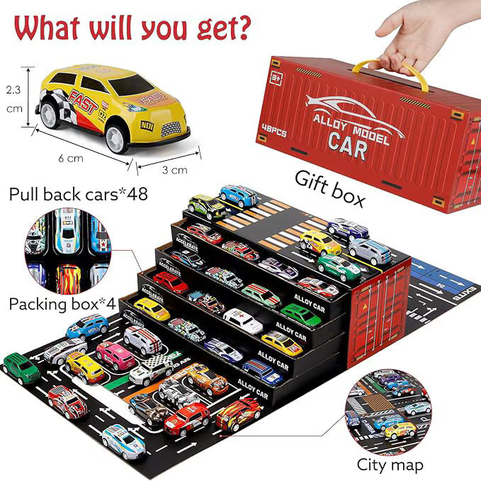 Set 48 Jucarii Masinute Tractiune Retractabila - Aliaj, Cutie Container, 4 Nivele Garaj, Rezistente Caderi Socuri, 3-8 Ani, Modele Culori Variate