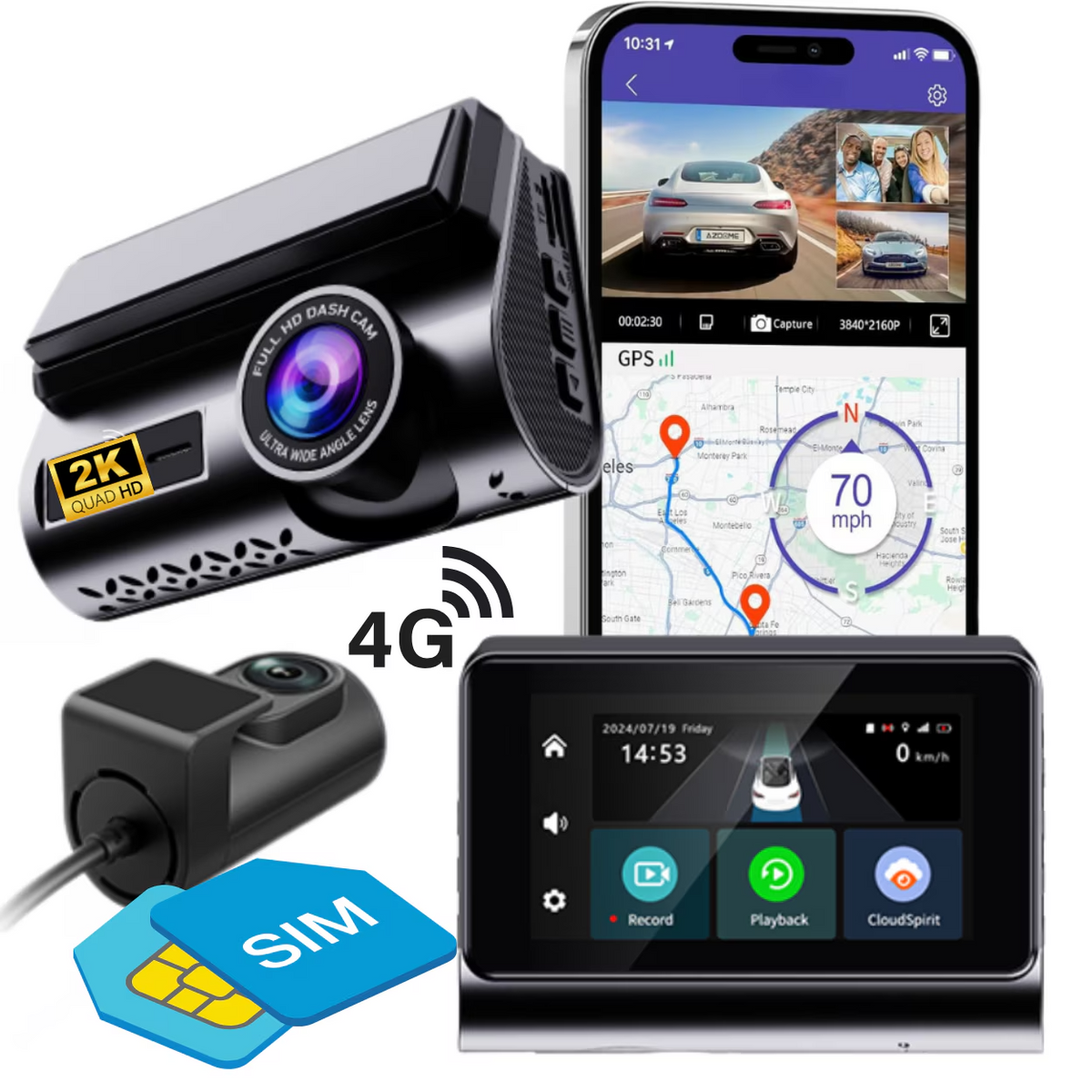 Camera video auto de bord DVR 2K, conexiune 4G cartela SIM, transmisie live, 2 camere fata-spate, monitorizare parcare, control din aplicatie, G-senzor, ultracompacta, inregistrare in bucla, vedere nocturna, unghi vizual larg, display LCD 3 inch