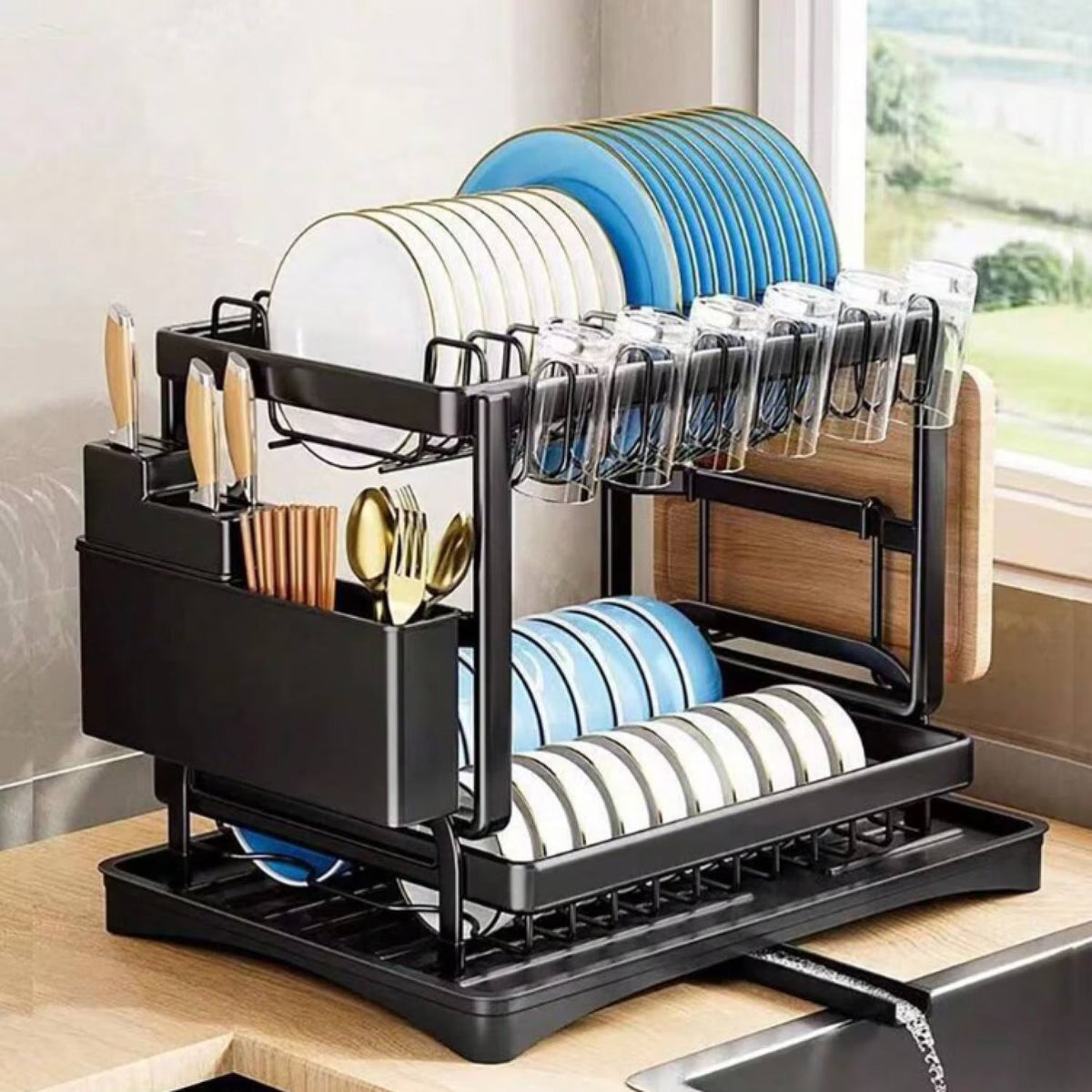 RESIGILAT - Scurgator vase, design auto-draining, organizator compact, negru, 42x30x29cm