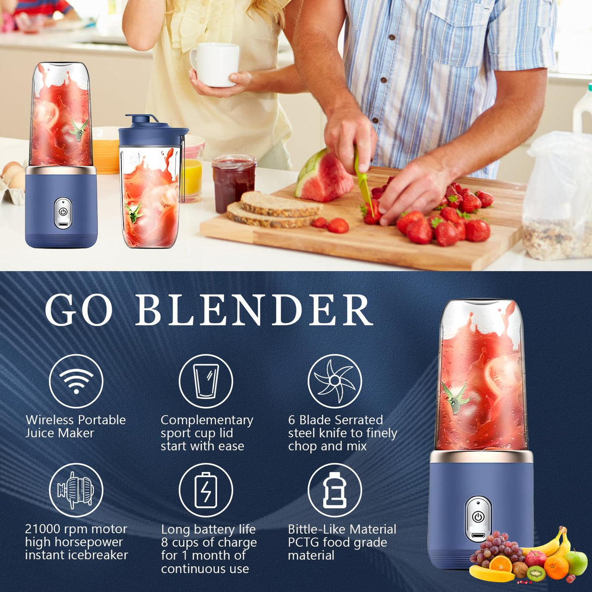Mini Blender Portabil Electric, Cu Acumulator, 2 Recipiente, 6 Lame 3D, 300 ml, 40W, Capac Inclus