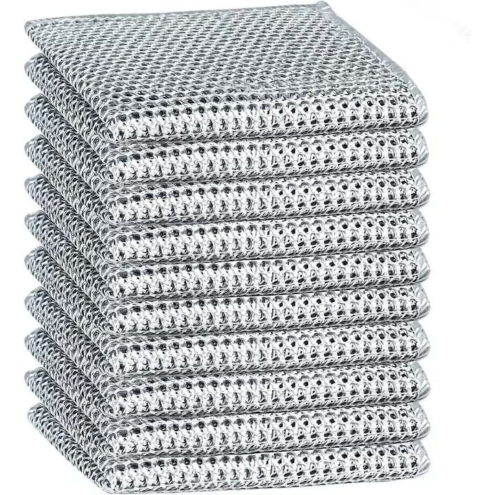 Set 10 lavete cu dublu strat, din fibra abraziva pentru vase, utilizare umeda si uscata, carpa de sarma, 30 x 30 cm, Argintiu
