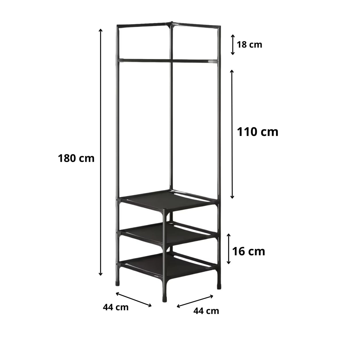 Cuier haine metalic pentru coltul camerei, 3 rafturi 180 x 44 x 44 cm