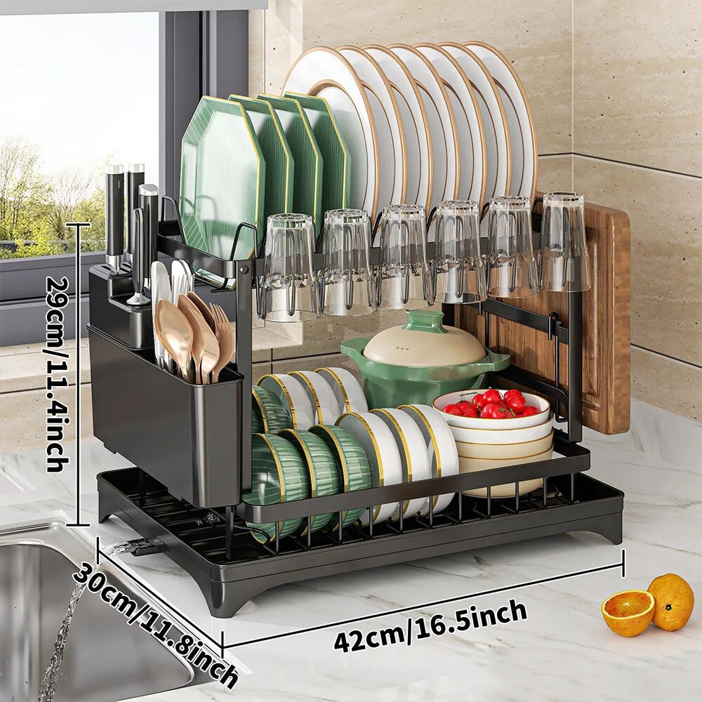 RESIGILAT - Scurgator vase, design auto-draining, organizator compact, negru, 42x30x29cm