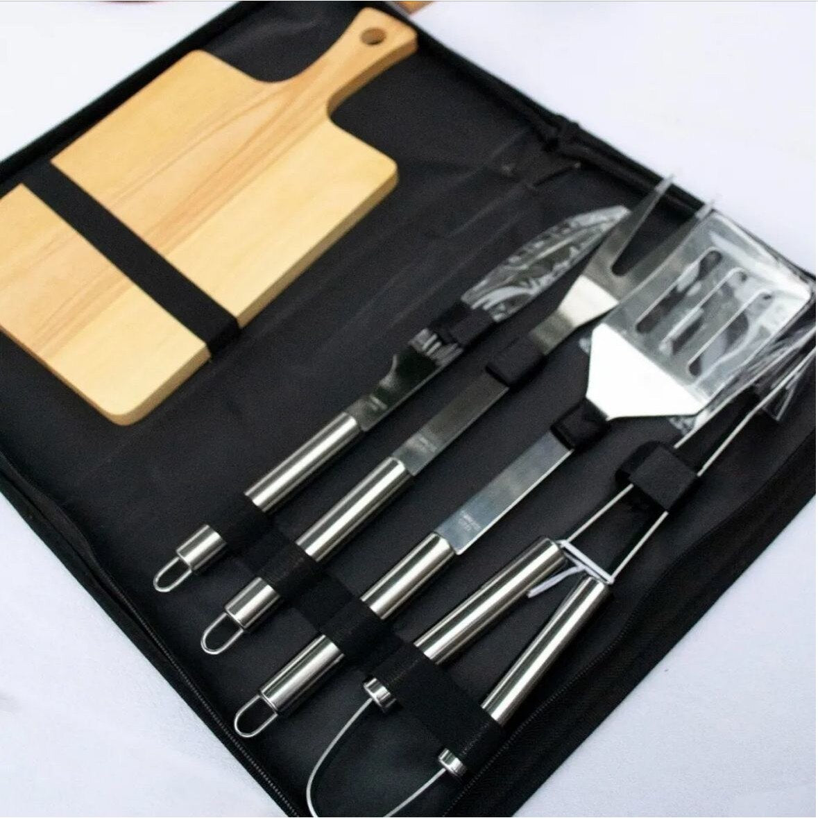 Set Ustensile pentru gratar, 5 piese, Geanta transport/depozitare, otel inoxidabil