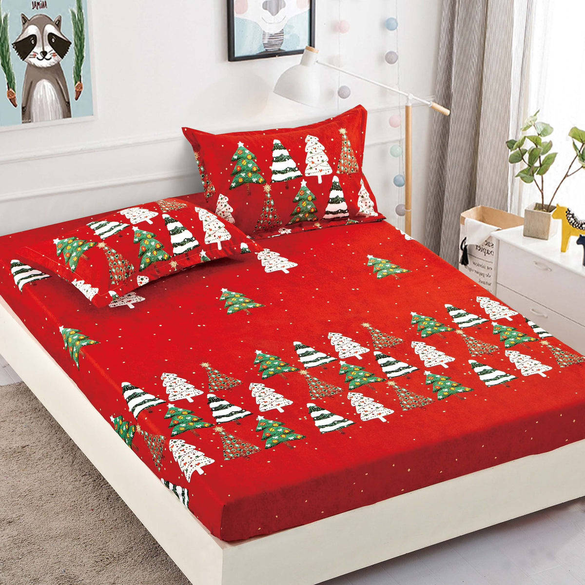 Husa de Pat cu Elastic din Bumbac Finet + 2 Fete de Perna, Pat 2 Persoane – Christmas Collections 180 x 200 cm