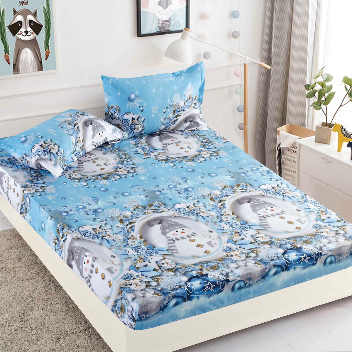 Husa de Pat cu Elastic din Bumbac Finet + 2 Fete de Perna, Pat 2 Persoane – Christmas Collections 180 x 200 cm