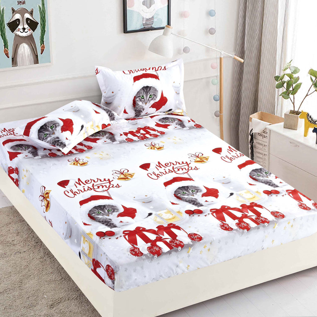 Husa de Pat cu Elastic din Bumbac Finet + 2 Fete de Perna, Pat 2 Persoane – Christmas Collections 180 x 200 cm