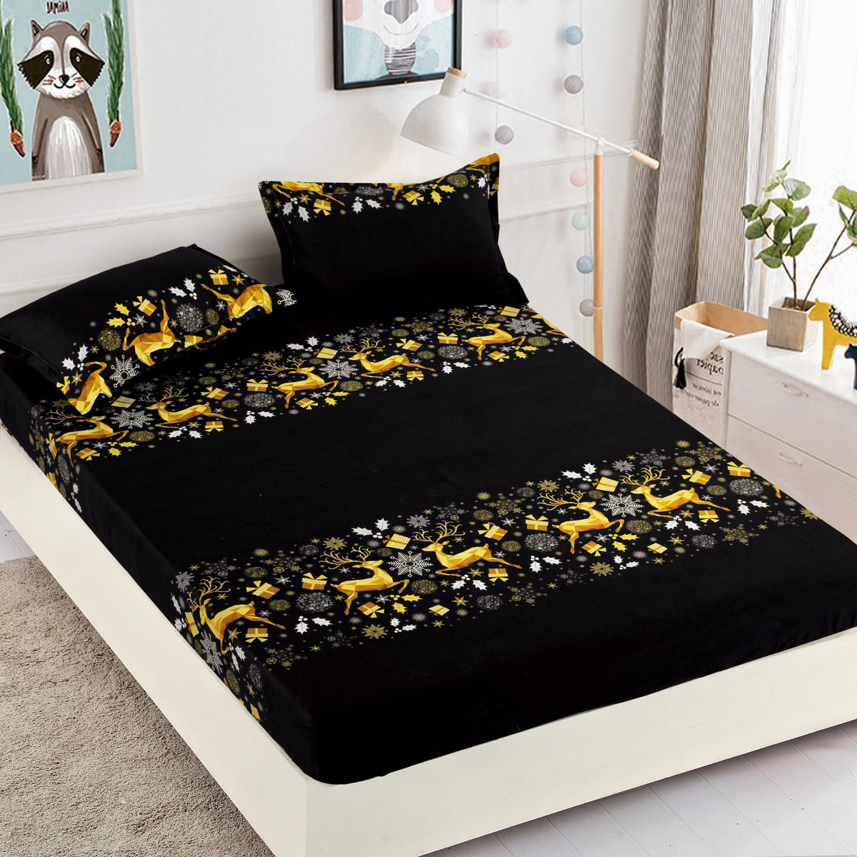 Husa de Pat cu Elastic din Bumbac Finet + 2 Fete de Perna, Pat 2 Persoane – Christmas Collections 180 x 200 cm