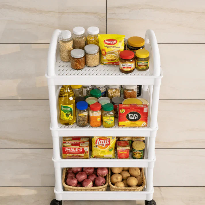 Raft organizator cu 4 niveluri, mobil, multifunctional, cu roti si accesorii incluse 97x25,5x34,5 cm