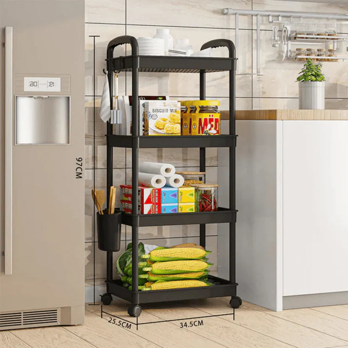 Raft organizator cu 4 niveluri, mobil, multifunctional, cu roti si accesorii incluse 97x25,5x34,5 cm