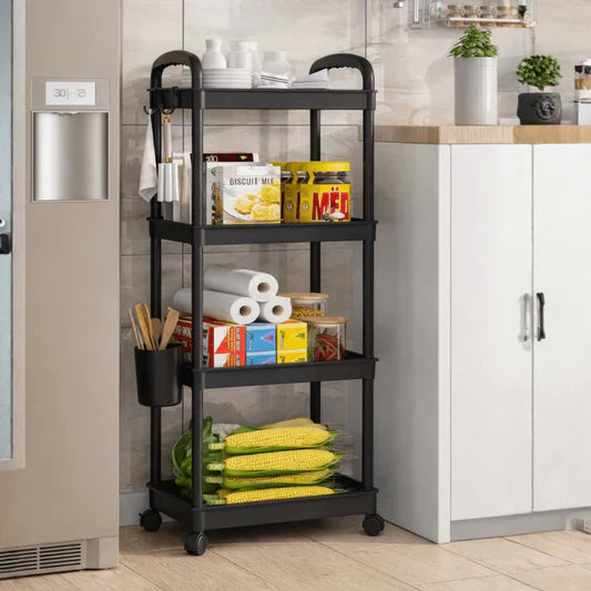 Raft organizator cu 4 niveluri, mobil, multifunctional, cu roti si accesorii incluse 97x25,5x34,5 cm