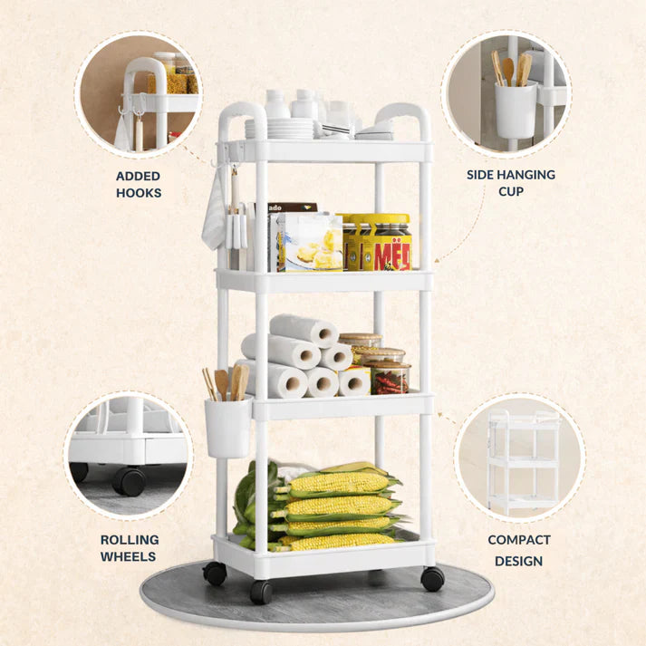 Raft organizator cu 4 niveluri, mobil, multifunctional, cu roti si accesorii incluse 97x25,5x34,5 cm