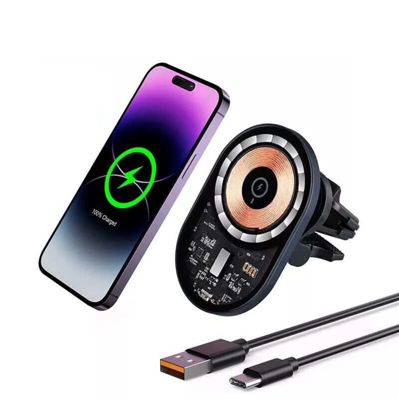Incarcator wireless masina, sticla securizata, 15W QI, magnetic, pentru iphone