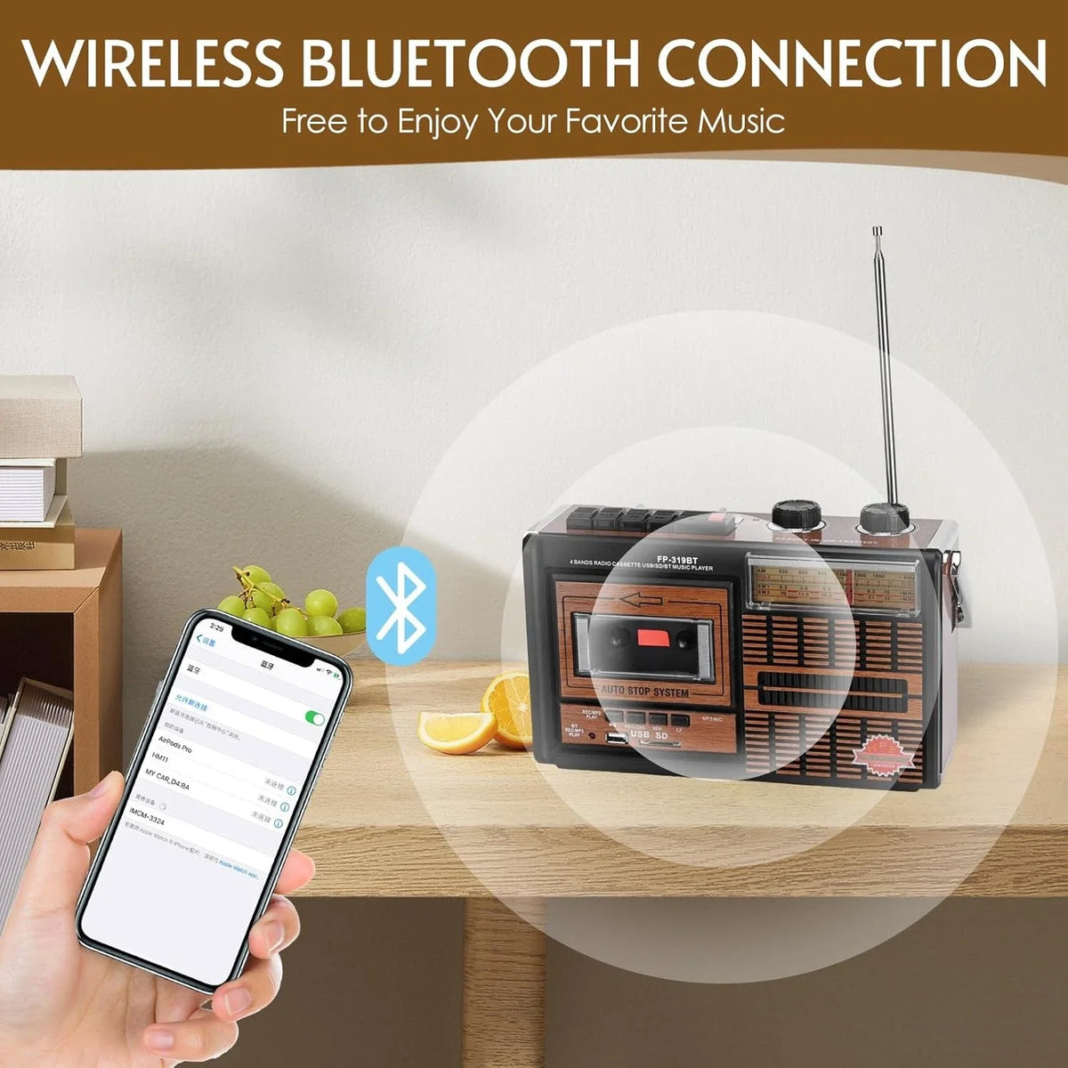 Radio retro portabil FP-319BT,  Casetofon, MP3, bluetooth , USB/SD, FM/AM/SW, Negru