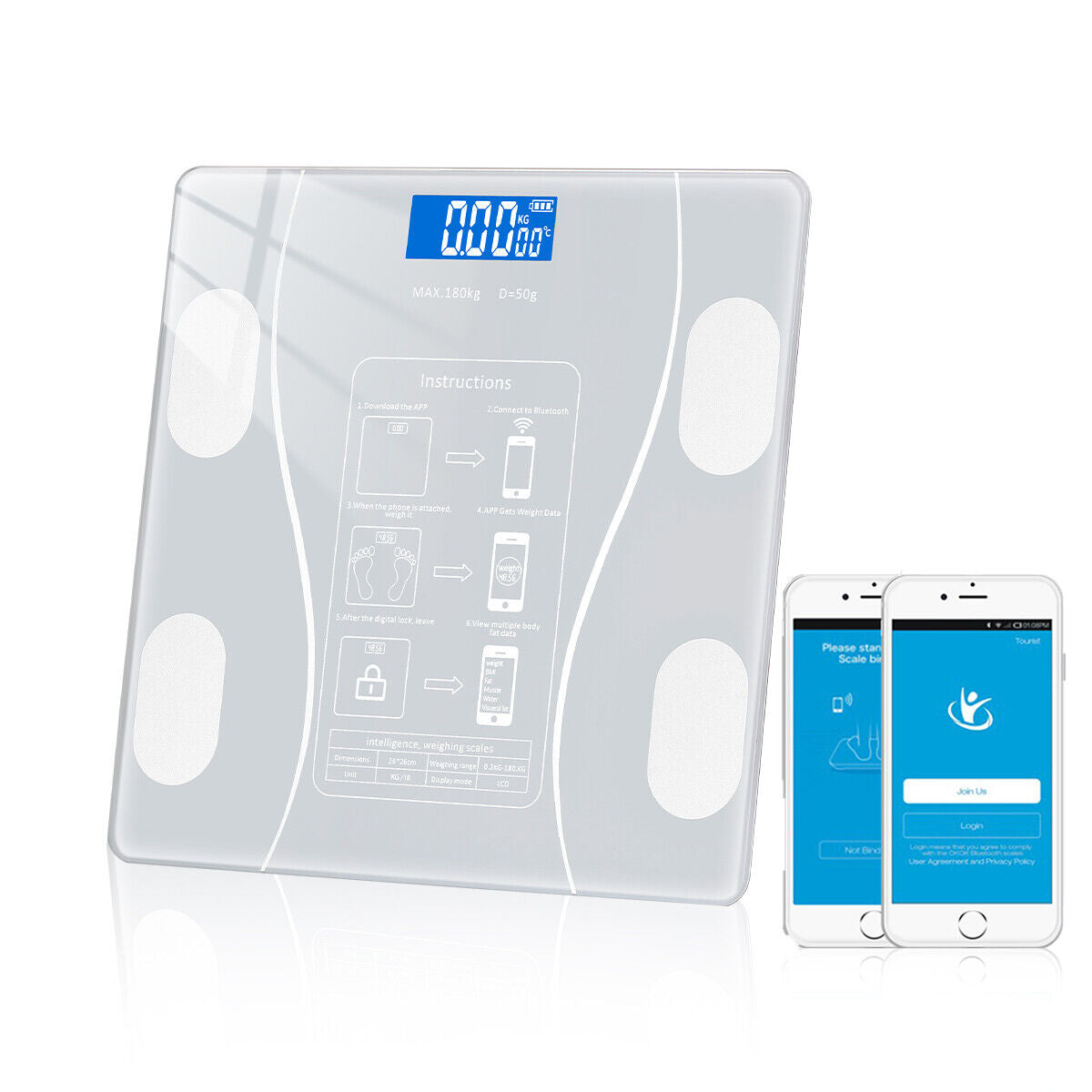 Cantar corporal cu ecran digital Iluminat, aplicatie smart, compatibil android/Ios, conectare bluetooth, termometru, 180 Kg Max