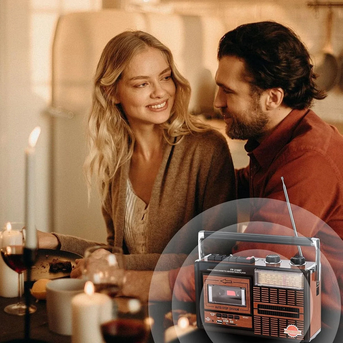 Radio retro portabil FP-319BT,  Casetofon, MP3, bluetooth , USB/SD, FM/AM/SW, Negru