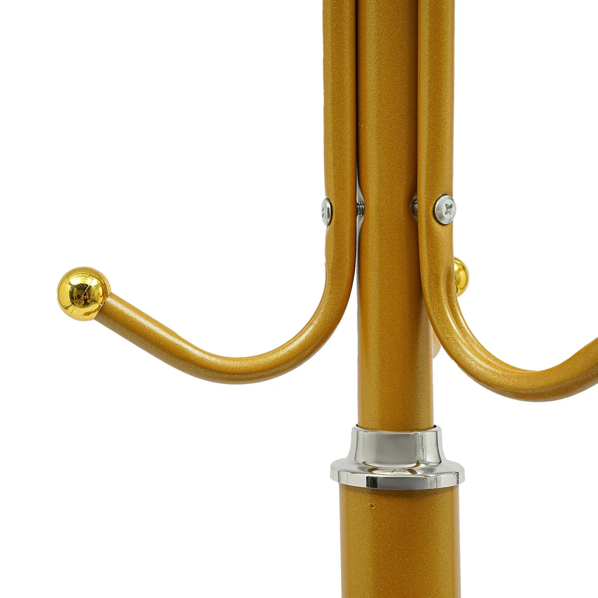 Cuier de podea metalic auriu, 34 x 189 cm, cu carlige multiple si 2 rafturi de depozitare, tip hall tree, pentru hol, dormitor sau birou