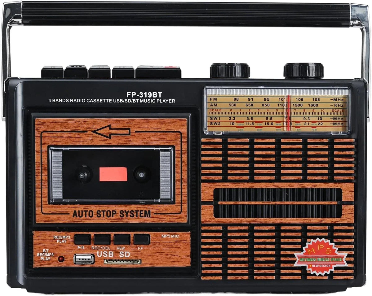 Radio retro portabil FP-319BT,  Casetofon, MP3, bluetooth , USB/SD, FM/AM/SW, Negru