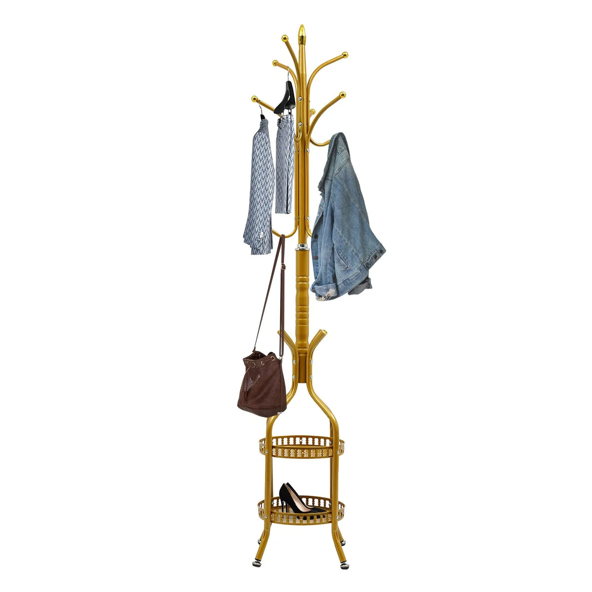 Cuier de podea metalic auriu, 34 x 189 cm, cu carlige multiple si 2 rafturi de depozitare, tip hall tree, pentru hol, dormitor sau birou