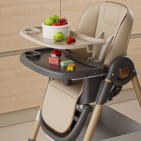 Scaun de Masa 3 in 1 pentru Bebelusi si Copii, varsta 6-36 luni, Inaltime ajustabila, centura de siguranta in 5 puncte, tavita reglabila si detasabila, roti, maro