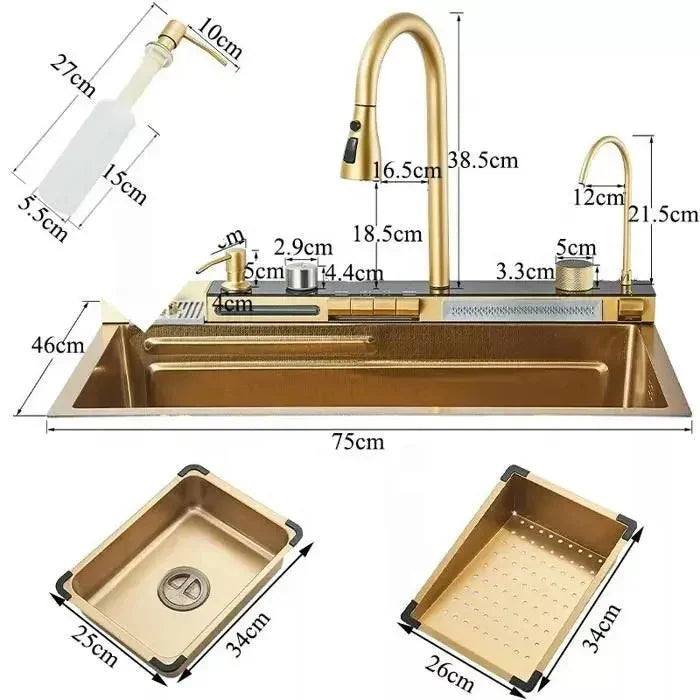 RESIGILAT - Chiuveta multifunctionala cu 2 cascade cu accesorii incluse, afisaj digital a temperaturii si robinet cascada, culoare Gold, 750x460mm