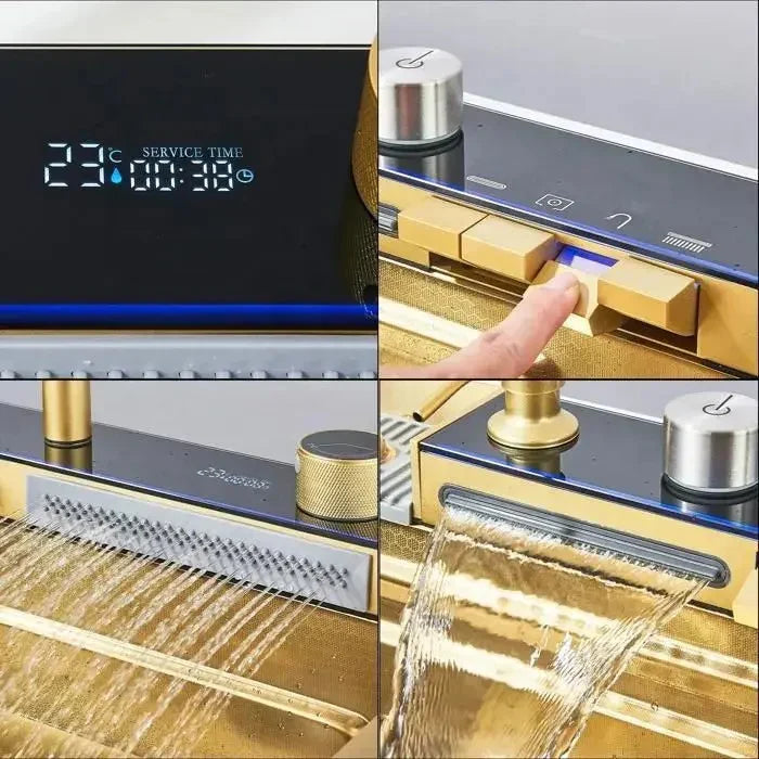 RESIGILAT - Chiuveta multifunctionala cu 2 cascade cu accesorii incluse, afisaj digital a temperaturii si robinet cascada, culoare Gold, 800x450mm