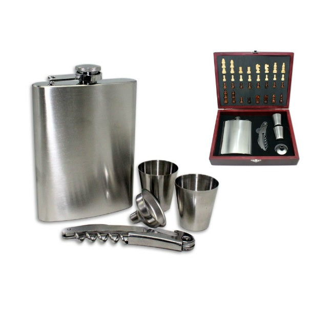 Set cadou sah cu recipient buzunar, 2 shot-uri, tirbuson, inox