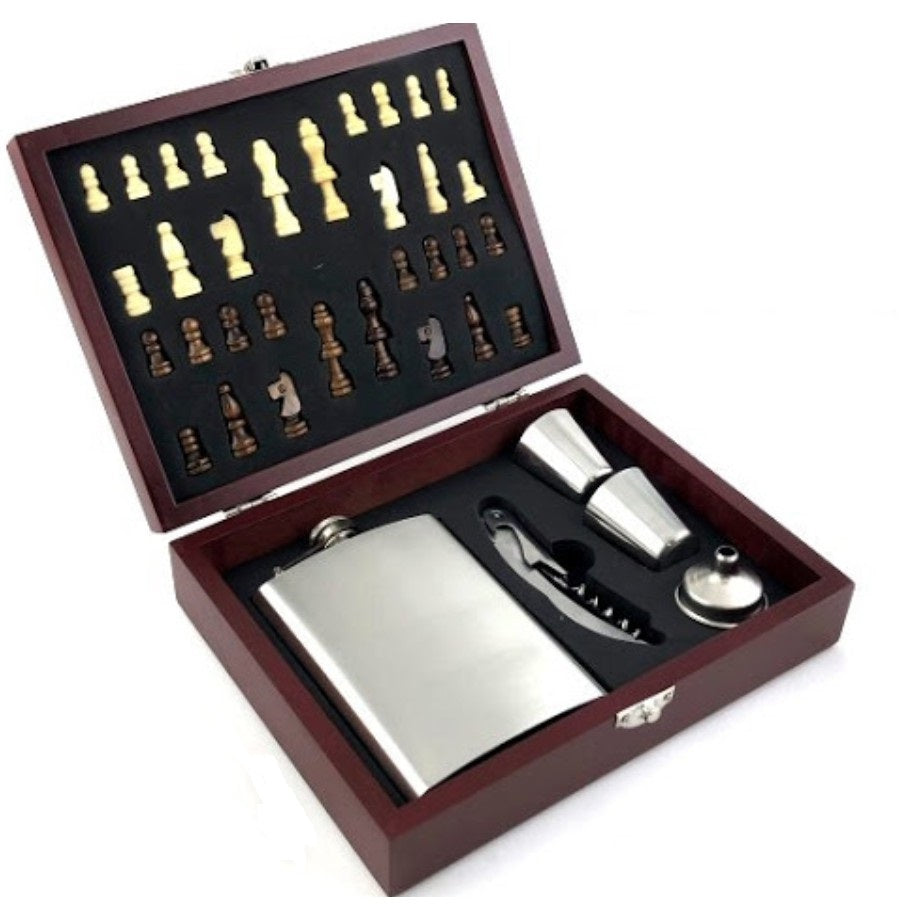 Set cadou sah cu recipient buzunar, 2 shot-uri, tirbuson, inox