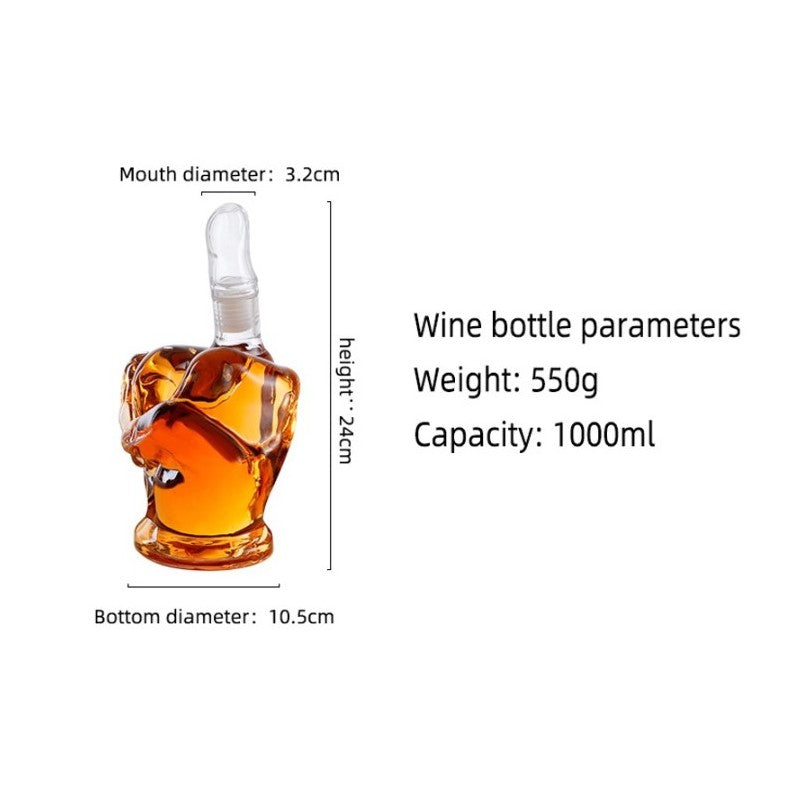 Set decantor whisky in forma de mana cu pahare si suport