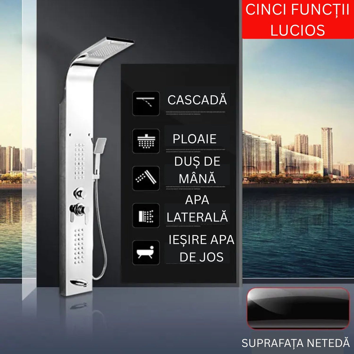 RESIGILAT - Set dus cu cap rectangular si baterie termostatata din inox, montaj pe perete, culori argintiu si auriu