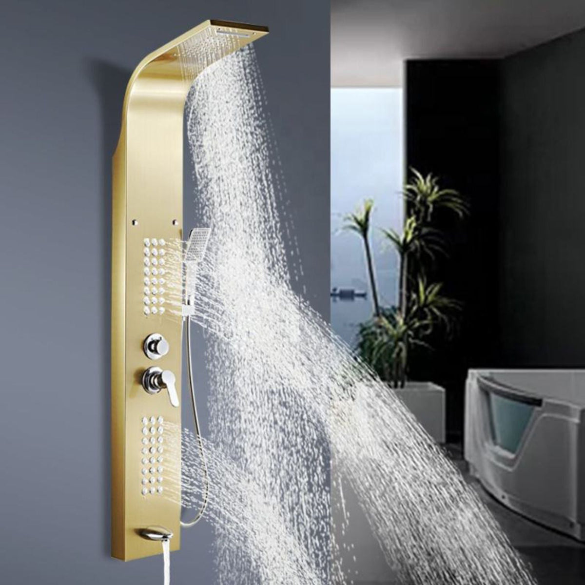 Set dus cu cap rectangular si baterie termostatata din inox, montaj pe perete, culori argintiu si auriu