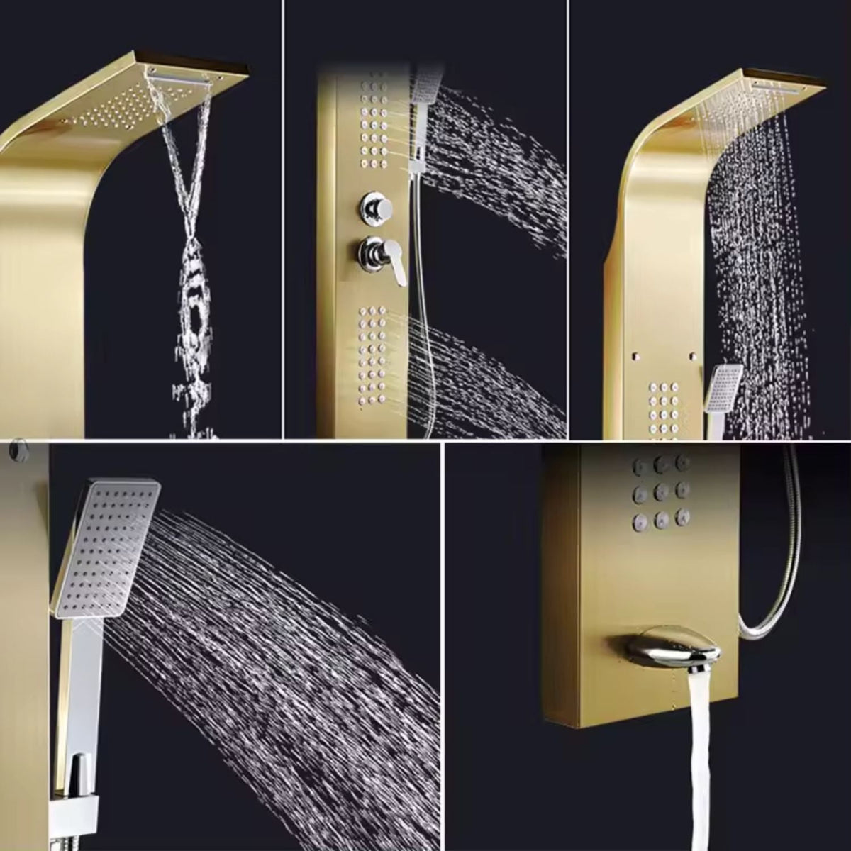 RESIGILAT - Set dus cu cap rectangular si baterie termostatata din inox, montaj pe perete, culori argintiu si auriu