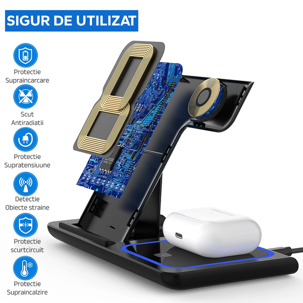 Statie Incarcare rapida 3 in 1 Qi, Fast Charger 15W, compatibila cu apple watch, airpods, iPhone