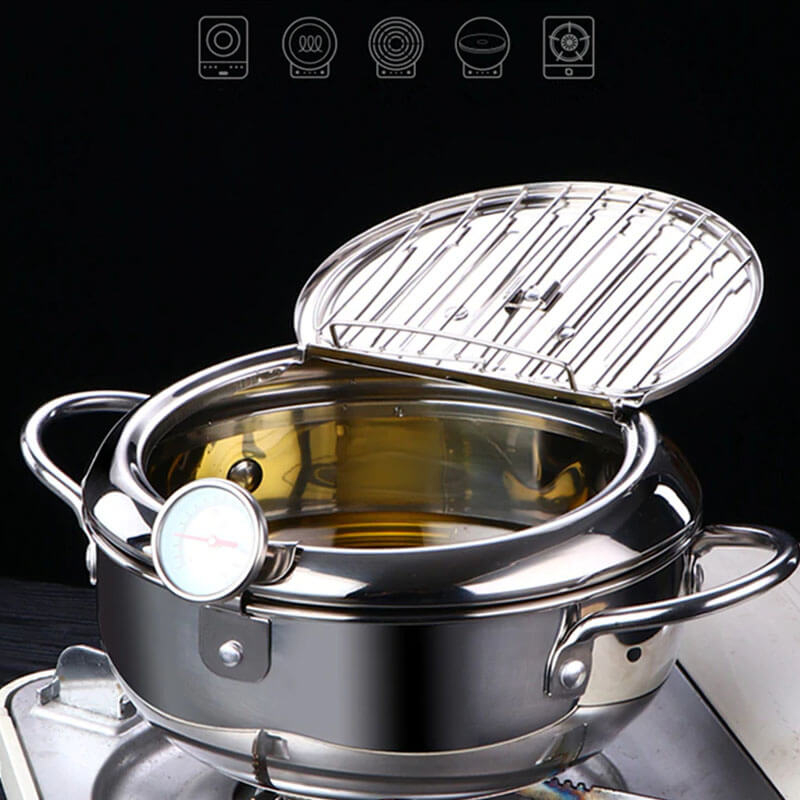 Friteuza in stil japonez din oțel inoxidabil cu termometru pe capac, 24 cm