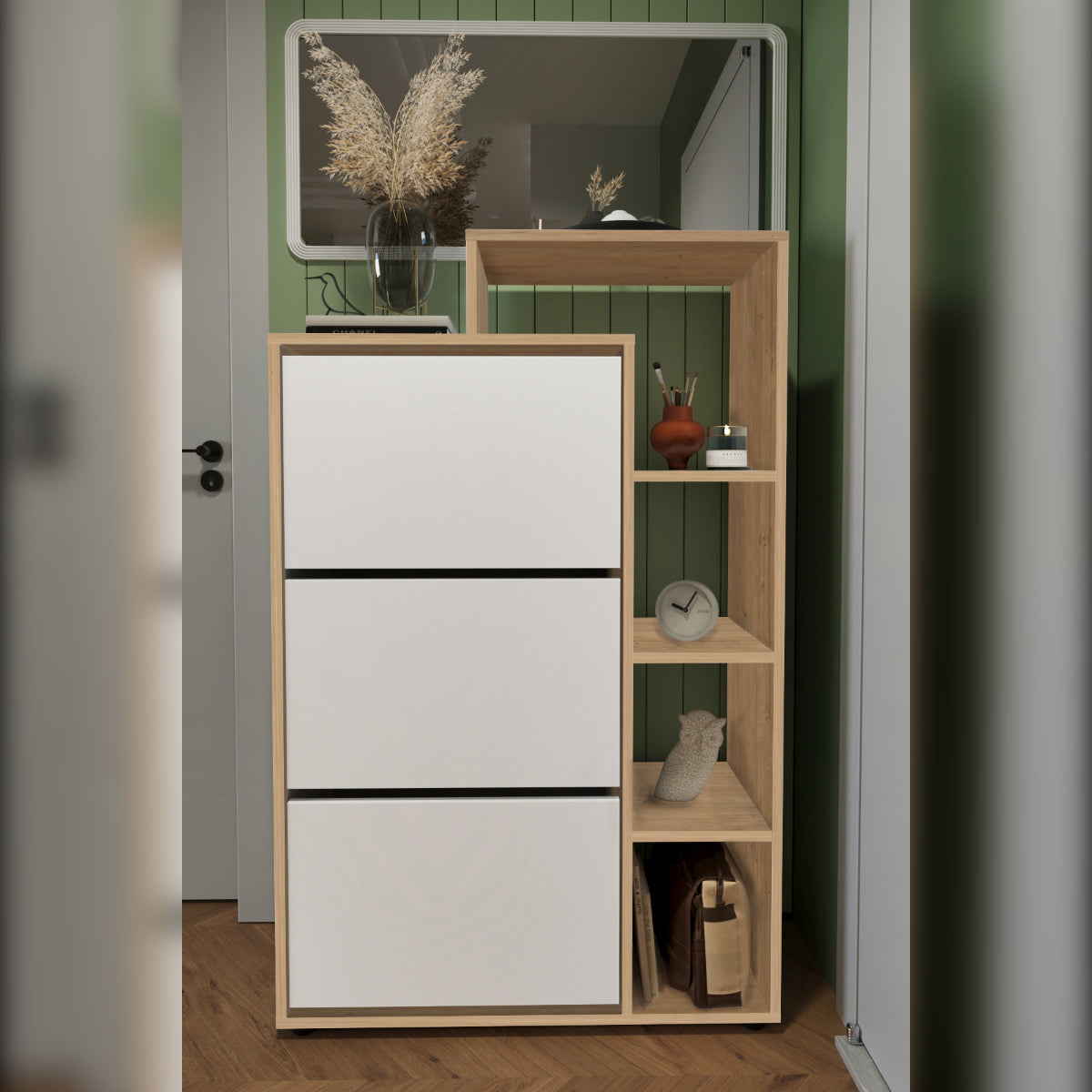 Pantofar cu usi rabatabile si rafturi, 90 x 32 x 143 cm,