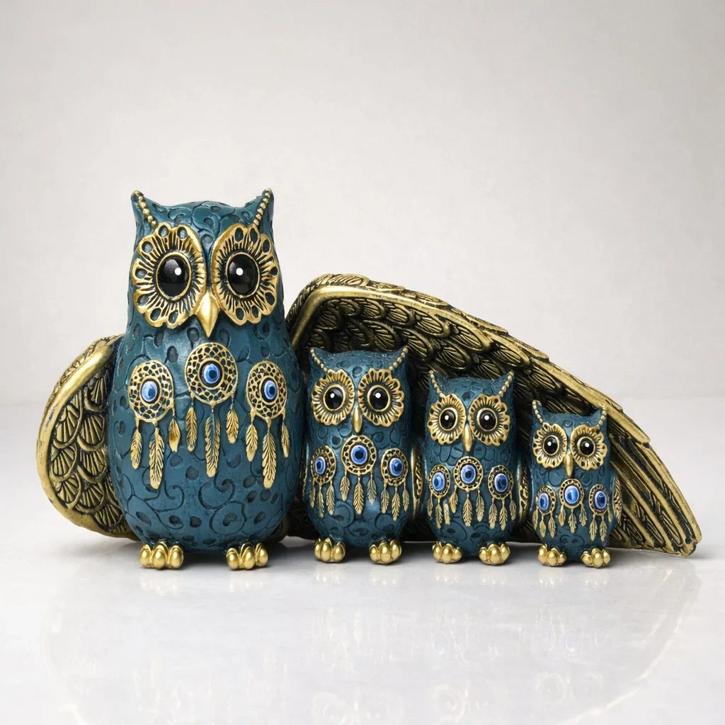 Statueta decorativa Familie de Bufnite din rasina simbol al protectiei si intelepciunii 21 x 8.5 x 10 cm