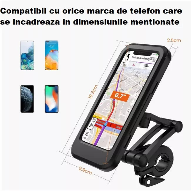 Suport telefon waterproof pentru Bicicleta / Motocicleta, Magnet puternic, Secure Grip, Rotire 360°, Adjustable Features, Smart Design, Hands-free, Negru
