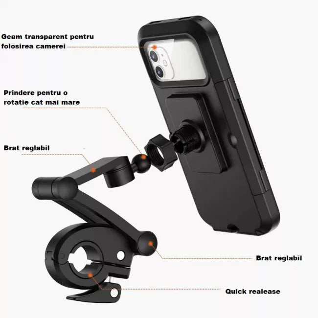 Suport telefon waterproof pentru Bicicleta / Motocicleta, Magnet puternic, Secure Grip, Rotire 360°, Adjustable Features, Smart Design, Hands-free, Negru