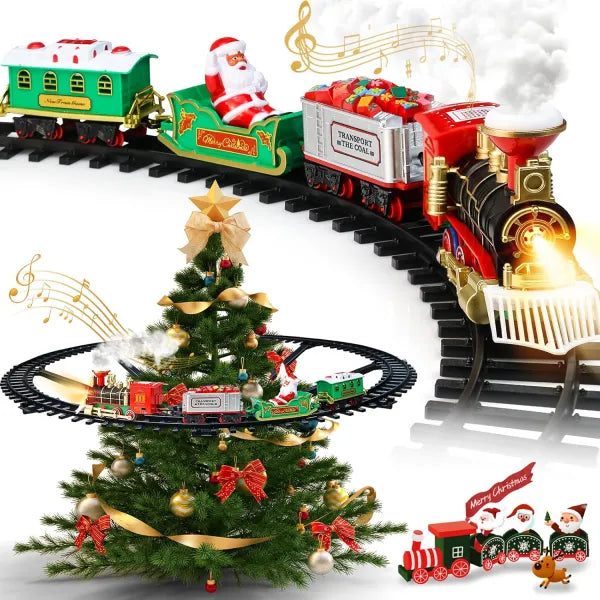 Set Tren Electric de Craciun  pentru Brad, Lumini si Sunete, 22 Piese, Locomotiva, Vagon Carbune, Sanie Mos Craciun si Sine