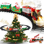 Set Tren Electric de Craciun  pentru Brad, Lumini si Sunete, 22 Piese, Locomotiva, Vagon Carbune, Sanie Mos Craciun si Sine