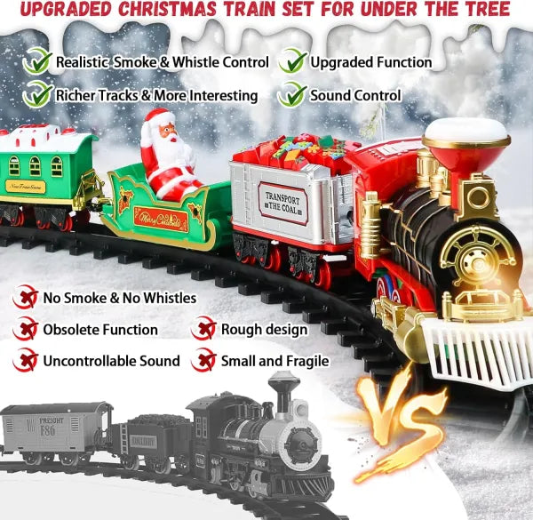 Set Tren Electric de Craciun  pentru Brad, Lumini si Sunete, 22 Piese, Locomotiva, Vagon Carbune, Sanie Mos Craciun si Sine